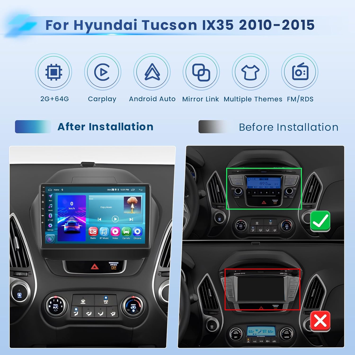 2+64G Radio for Hyundai Tucson IX35 2010-2015 CarPlay Car Stereo Android 15 Touchscreen 9" Android Auto Backup Camera GPS EQ 28UI