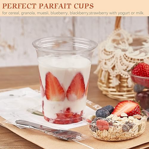 Miniatura 5 de Zezzxu Vasos de plástico para yogur de 12 onzas con tapas planas insertos y tenedores, paquete de 50 conatiners desechables de parfait para frutas,