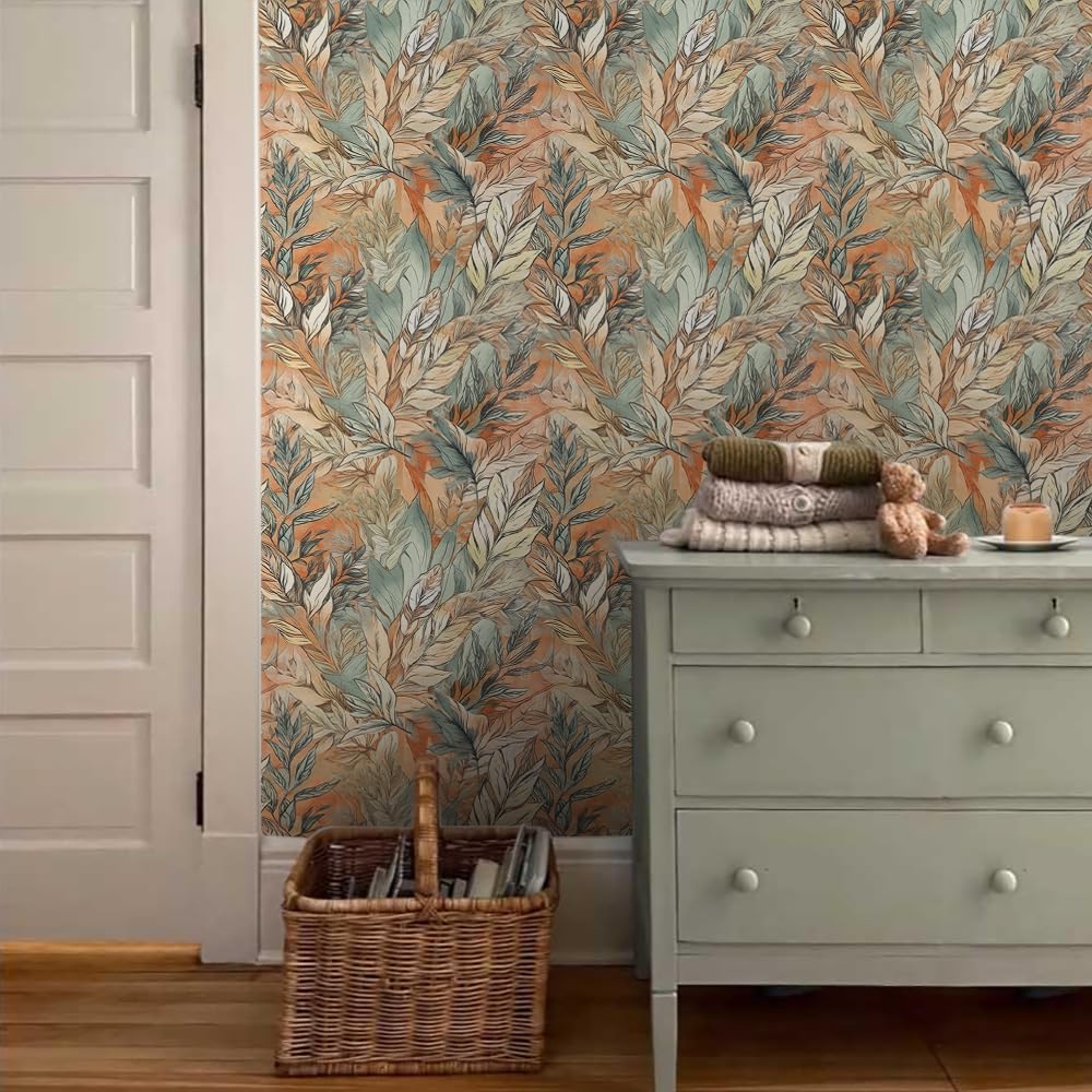 18"x236" Vintage Boho Autumn Leaves Peel and Stick Self Adhesive Wallpaper Removable Contact Paper Stick on Easy Peel Off Wall Paper for Kitchen Bedroom Bathroom Renter