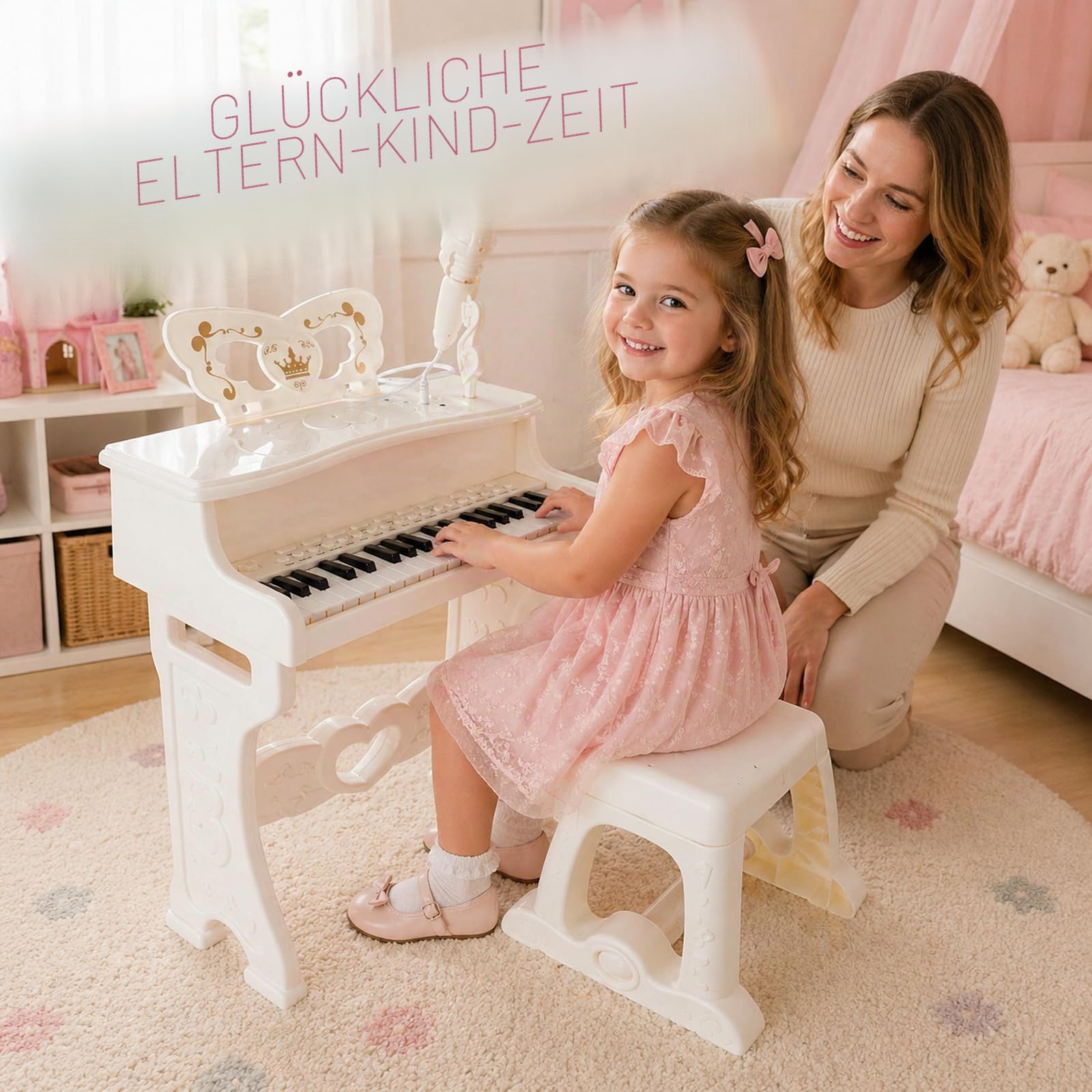 Kinder Klavier Piano-Elektronisches Musikinstrument mit 37 Tasten für Mädchen,Geschenk,Pädagogisches Musikspielzeug mit Abnehmbaren Beinen,Mikrofon,Mehreren Musikmodi,Licht,Hocker