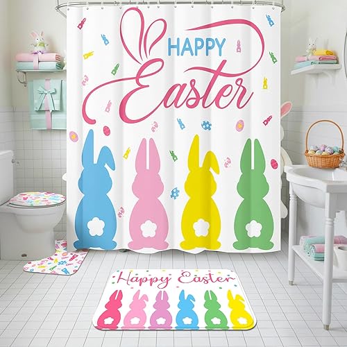 Vista 4 de Juego de 4 cortinas de ducha de Pascua para baño, cortina de baño de Pascua, incluye cortinas de ducha de conejo, alfombra antideslizante, cubierta