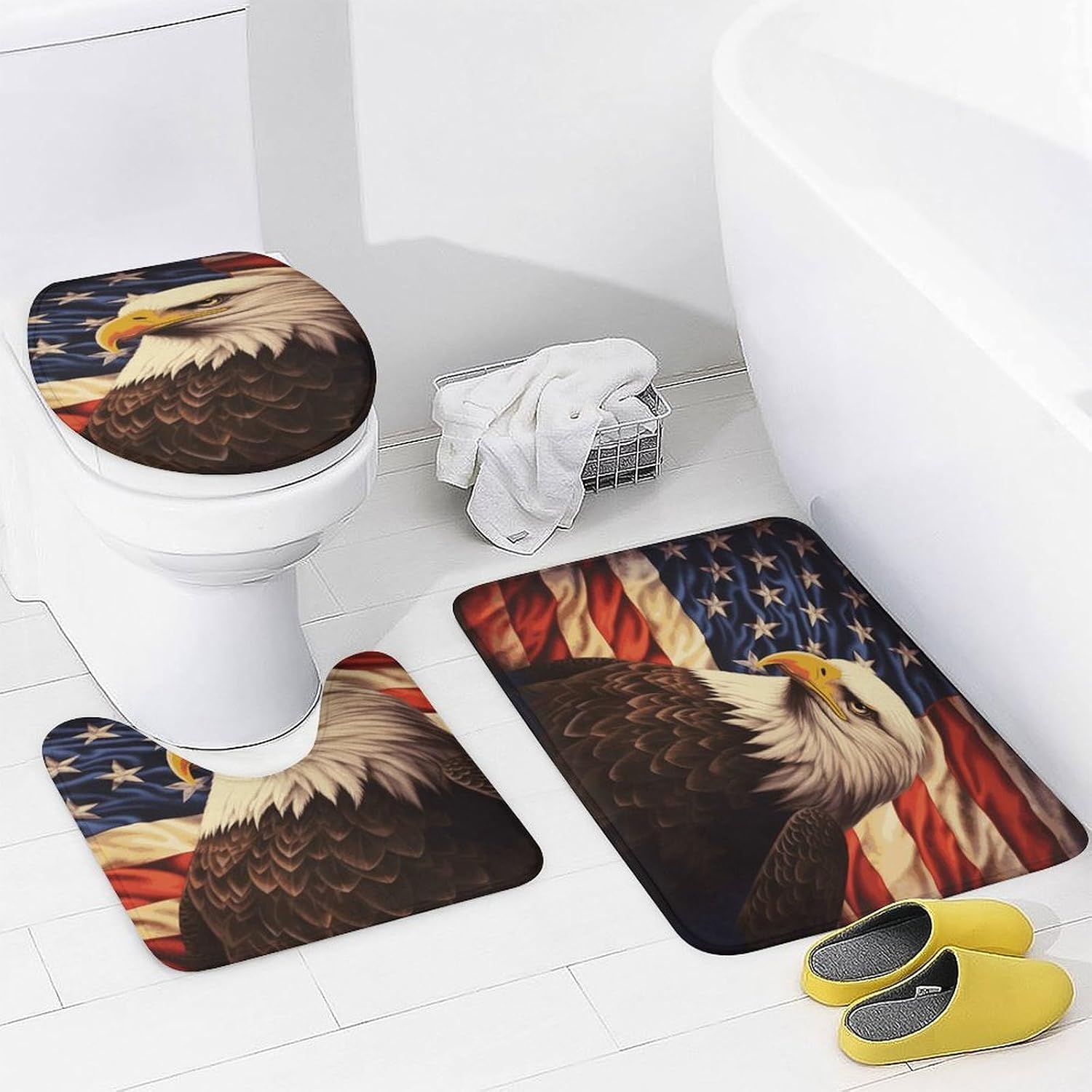 Flag and Eagle 4Pcs Shower Curtain Set with Non-Slip Rugs, Toilet Lid Cover and Bath Mat,Bathroom Set Decor Accessories,Curtain Set with 12 Hooks, 72 X 72 Inch
