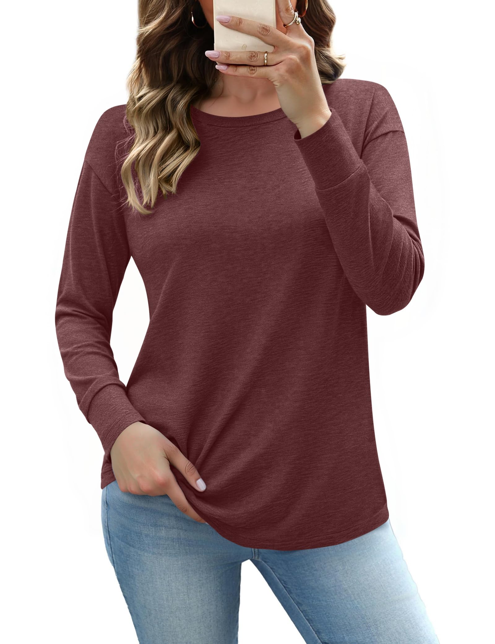 Totatuit T-Shirt Damen Langarmshirt Oberteile Rundhals Longshirt Langarm Top Einfarbig Bluse Shirts