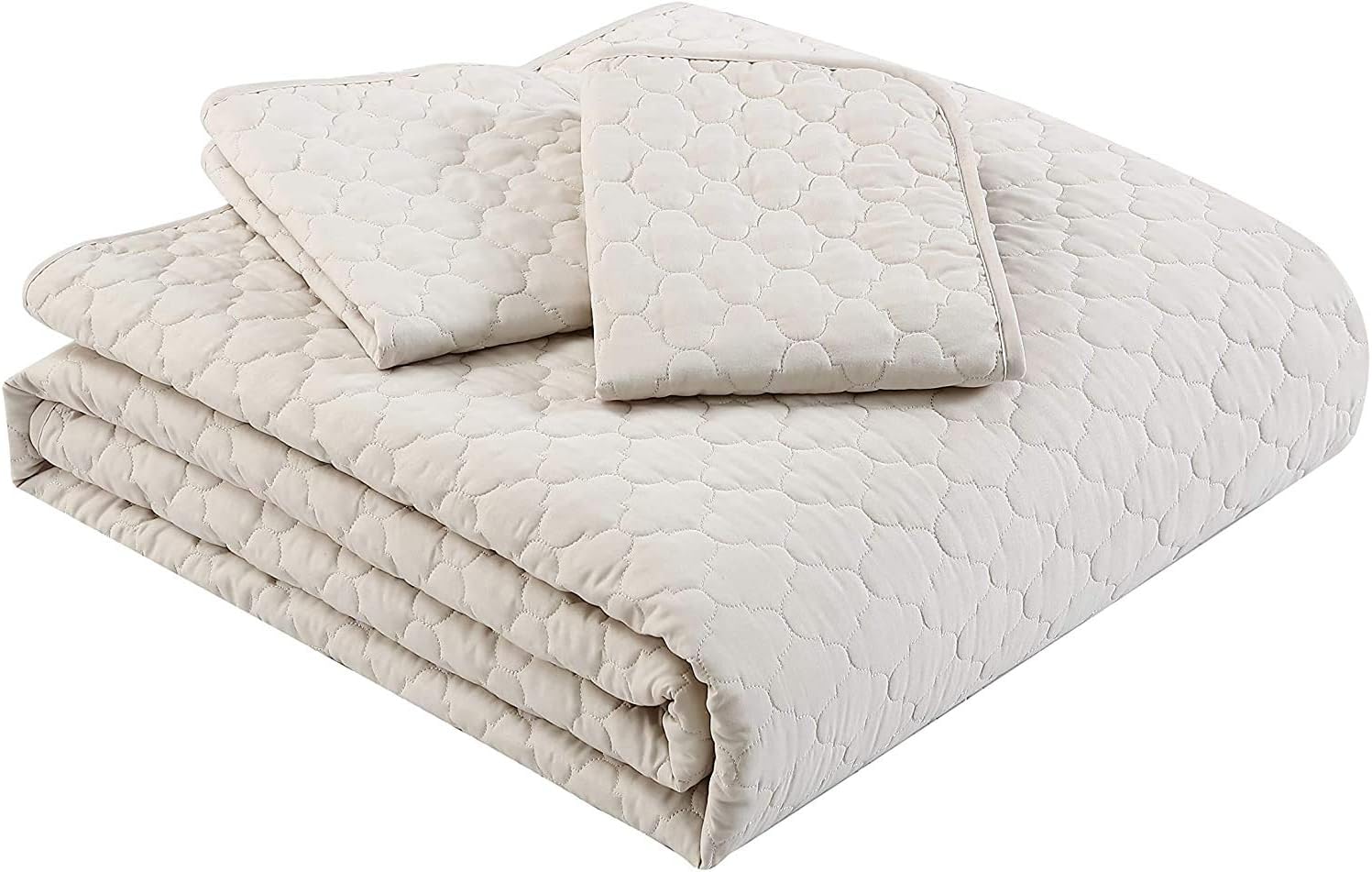 Chezmoi Collection Thea 3-Piece Geometric Quatrefoil Pattern Oversized Bedspread Quilt Set (King, Beige)