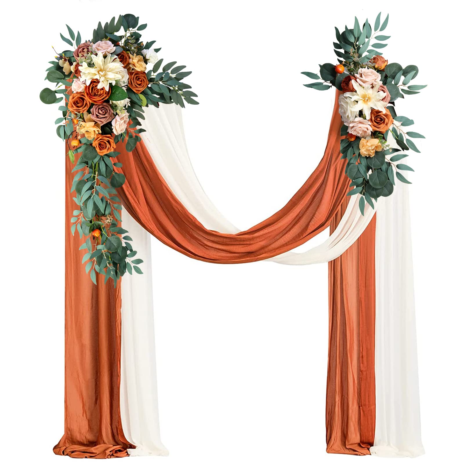 aolceth Flores artificiales grandes de arco de boda (juego de 4), 2 cortinas de tela de gasa para boda con 2 arcos de boda, arreglos florales, para cenador y decoración de fondo de recepción