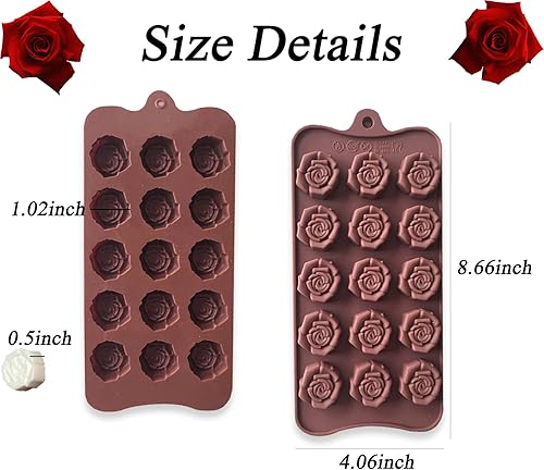 Miniatura 6 de Paquete de 2 moldes de silicona con diseño de rosas, 15 cavidades de chocolate rosa para decoración de pasteles para hacer mini pasteles, gomitas,