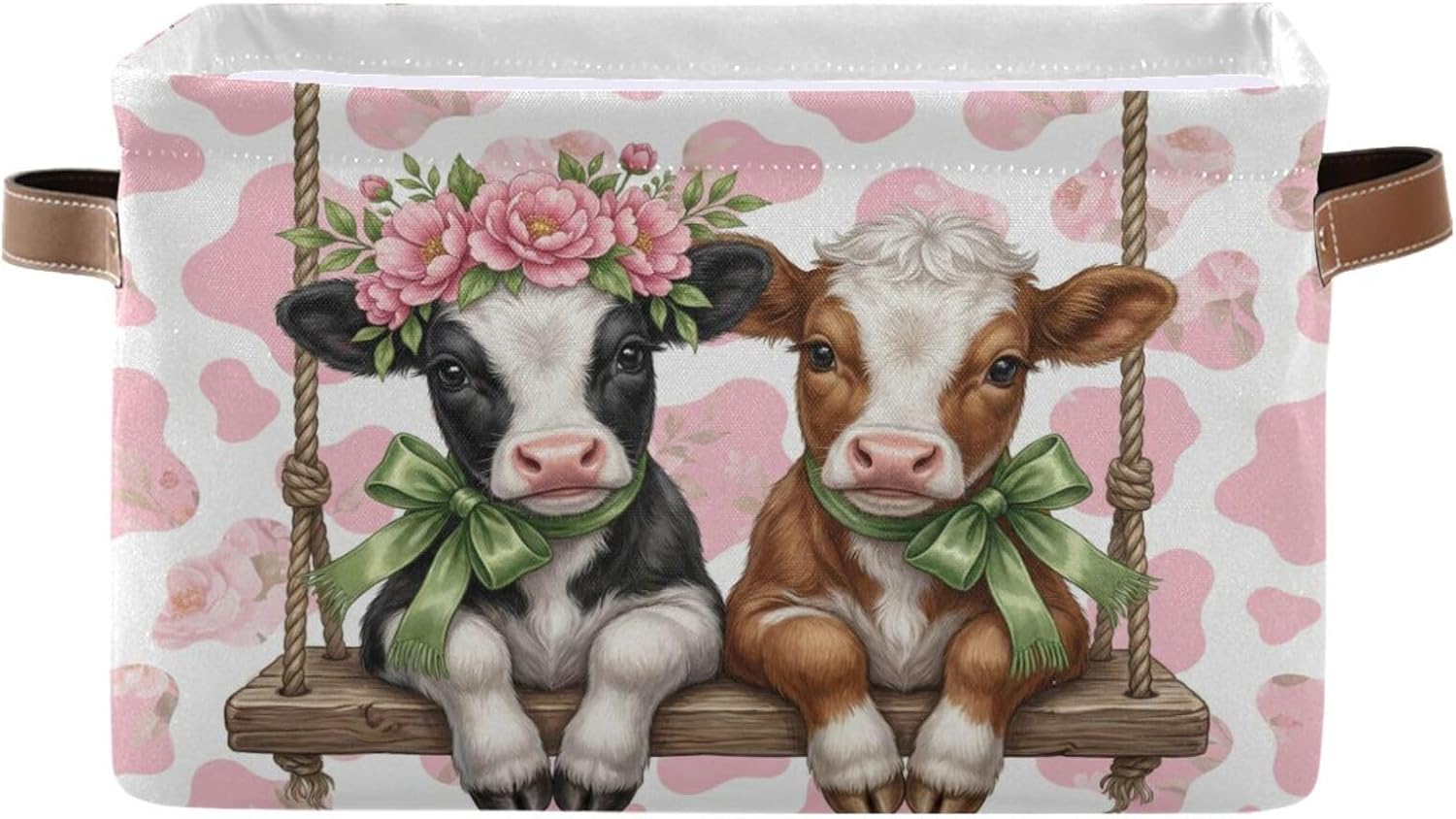 Cow Storage Bins for Shelves, Foldable Canvas Gift Basket with 300D Water-Resistant Lining & Top Wire Frame, PU Leather Handles, 14.2x10.2x8.3", 2 Pack