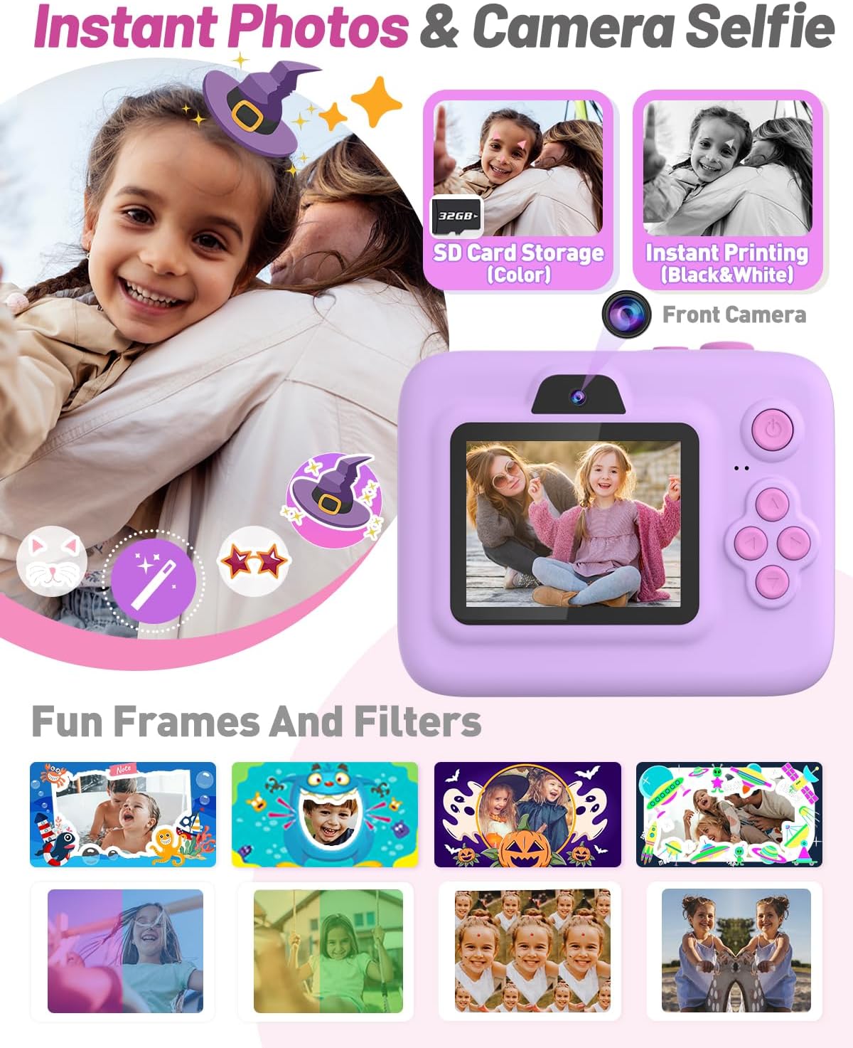 Kids Camera Instant Print, Dual-Lens Front Rear Selfie Camera for Kids, Christmas Birthday Gifts Toys for 3-12 Year Old Boys Girls, 2.4in Screen 1080P Kids Digital Cameras with 32G Card