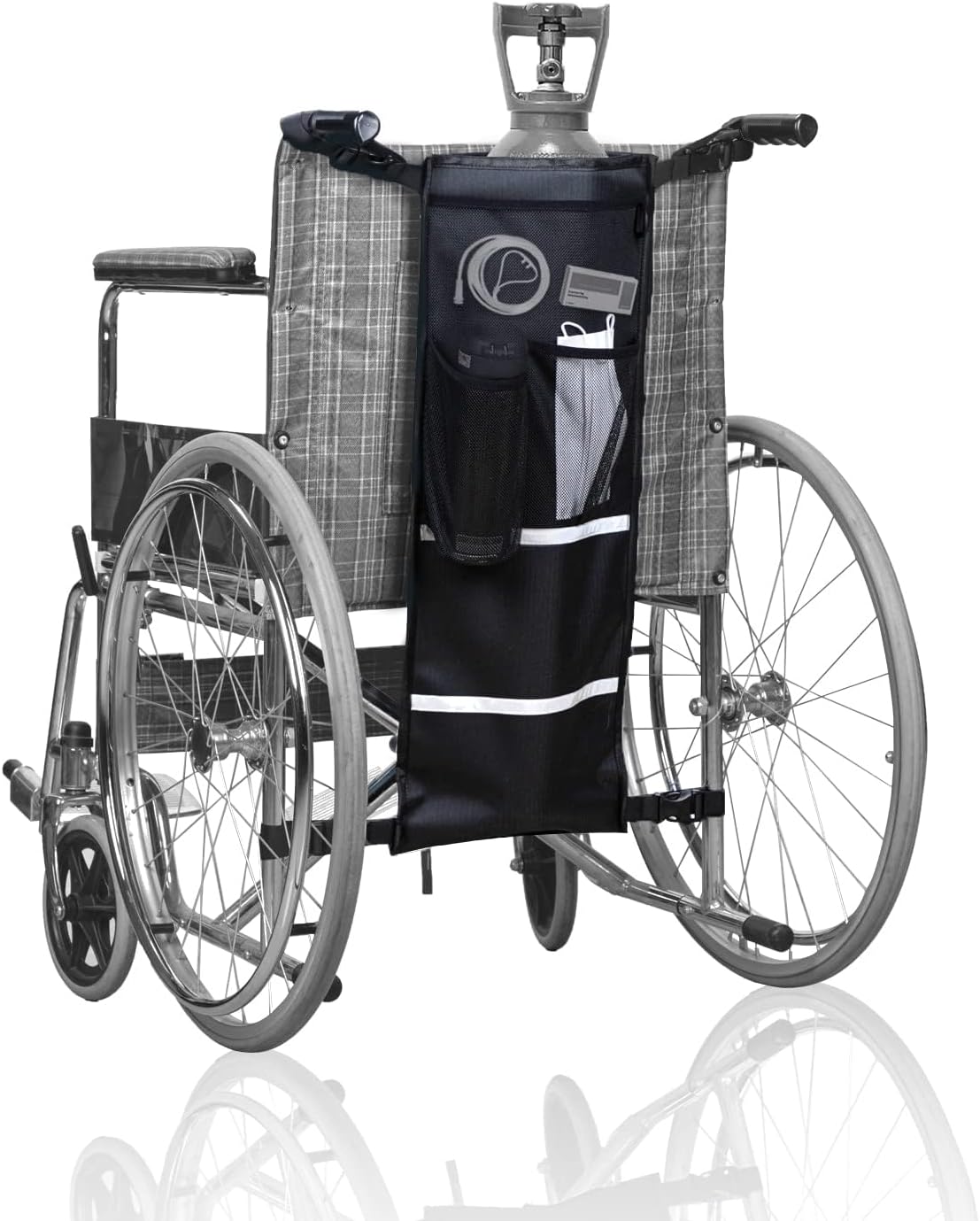Oxygen Cylinder Bag for Wheelchairs & Walkers - 26.4" x 10.6" Tank Holder with 3 Mesh Pockets & Reflective Strips - Adjustable Straps, Fire-Resistant Material Fits D and E Cylinders