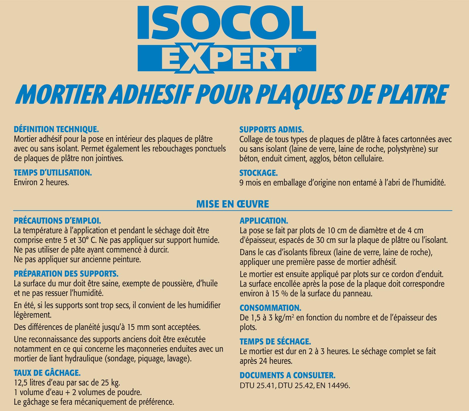 Semin Mortier Adhésif Isocol Expert - Plaques de Plâtre - Poudre - Sac de 25 kg