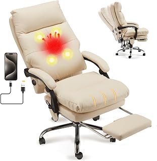 HOMREST Massage Office Chair with Heating, PU Leather Ergonomic Reclining Chairs, USB & 4-Point Massage, Heated Office Chair with Footrest for Home Office & College Dorm, Beige