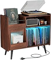 Vista 1 de Large Record Player Stand with Sliding Door,350 Vinyl Record Storage Cabinet, Record Player Table with Power Outlet and LED Light,Turntable Stand
