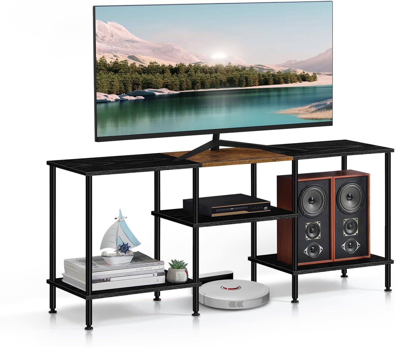 OYEAL 50 Inch TV Stands for Living Room Small Entertainment Center with Open Storage Shelves, Black TV Stands TV Media Console Table for 50 40 32 Inch TV