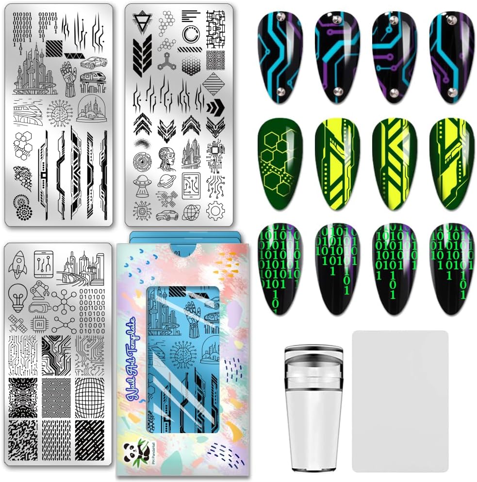 PH PandaHall 3pcs Sci-Fi Elements Nail Stamping Plates Punk City Nail Art Templates Sci-Fi Circuit Board Manicure Art Stencils Robotic Geometric Nails Design Stamp for Women Print Manicures Salon