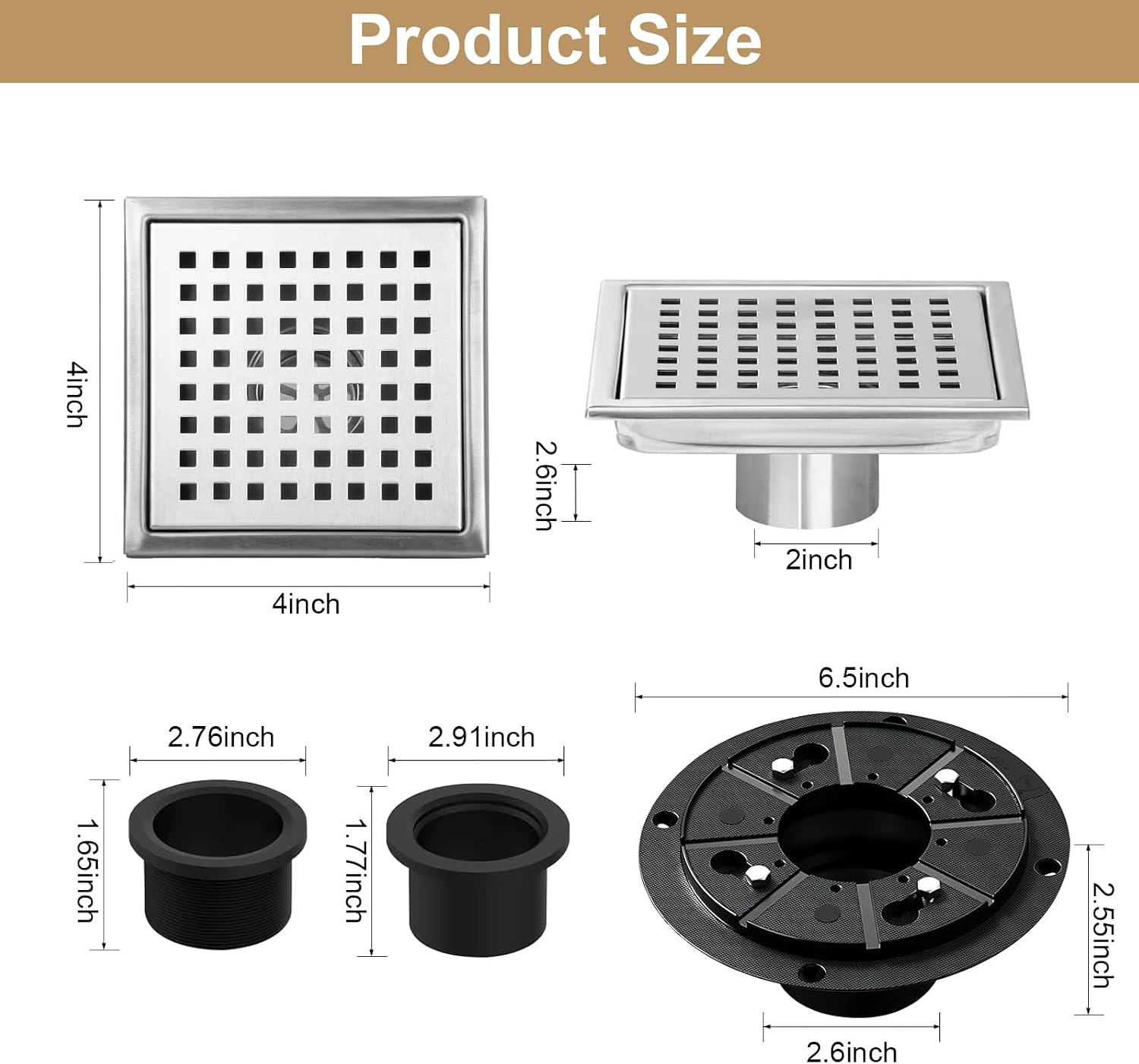 4 Inch Square Shower Drain Brushed Nickel, 304 Stainless Steel Square Floor Drain with Flange Kit, Square Shower Drain Cover 4 x 4 High Flow Drain for Shower Bathroom Remodel