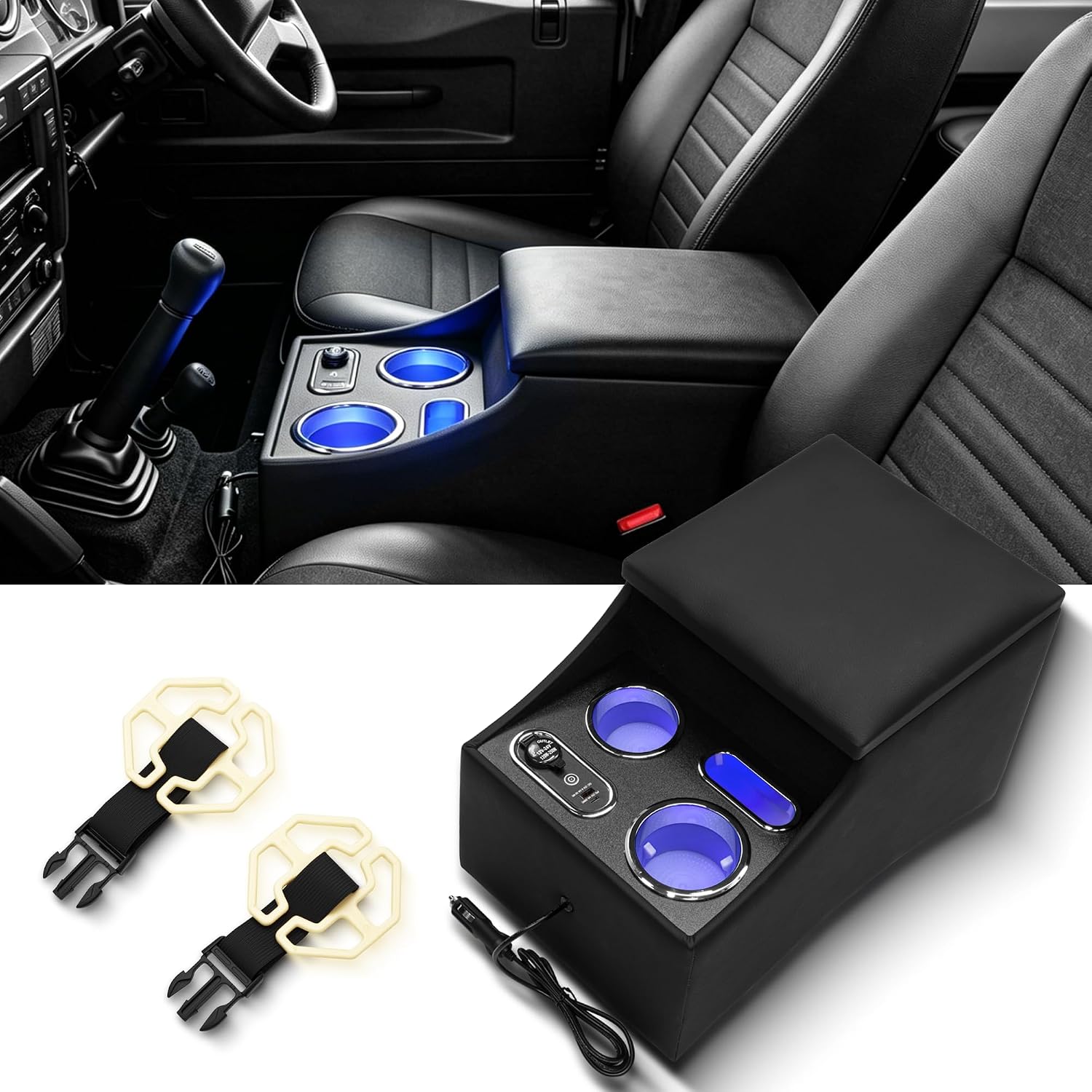 Center Console Organizer for Minivans, SUV,Van,with USB charging & Car cigarette lighter charging back,ambient lighting with Cup & Phone Holder for Middle Van Floor Console Organizer Storage Box Black