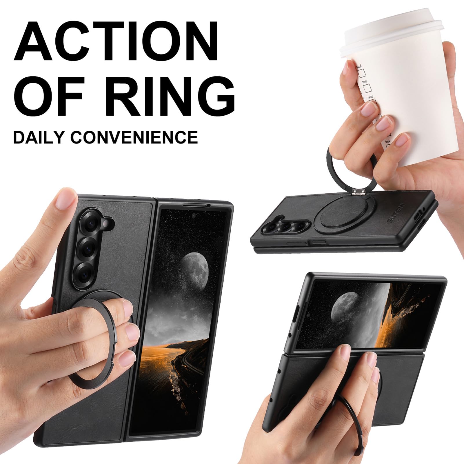 Magnetica Caso Per Samsung Galaxy Z Fold 8 Ultra, Rotazione a 360° Anello | Minimalista Cover In Pelle Protezione Staffa Invisibile Anti-Caduta Anti Ingiallimento Guscio,Nero,Fold 8 Ultra