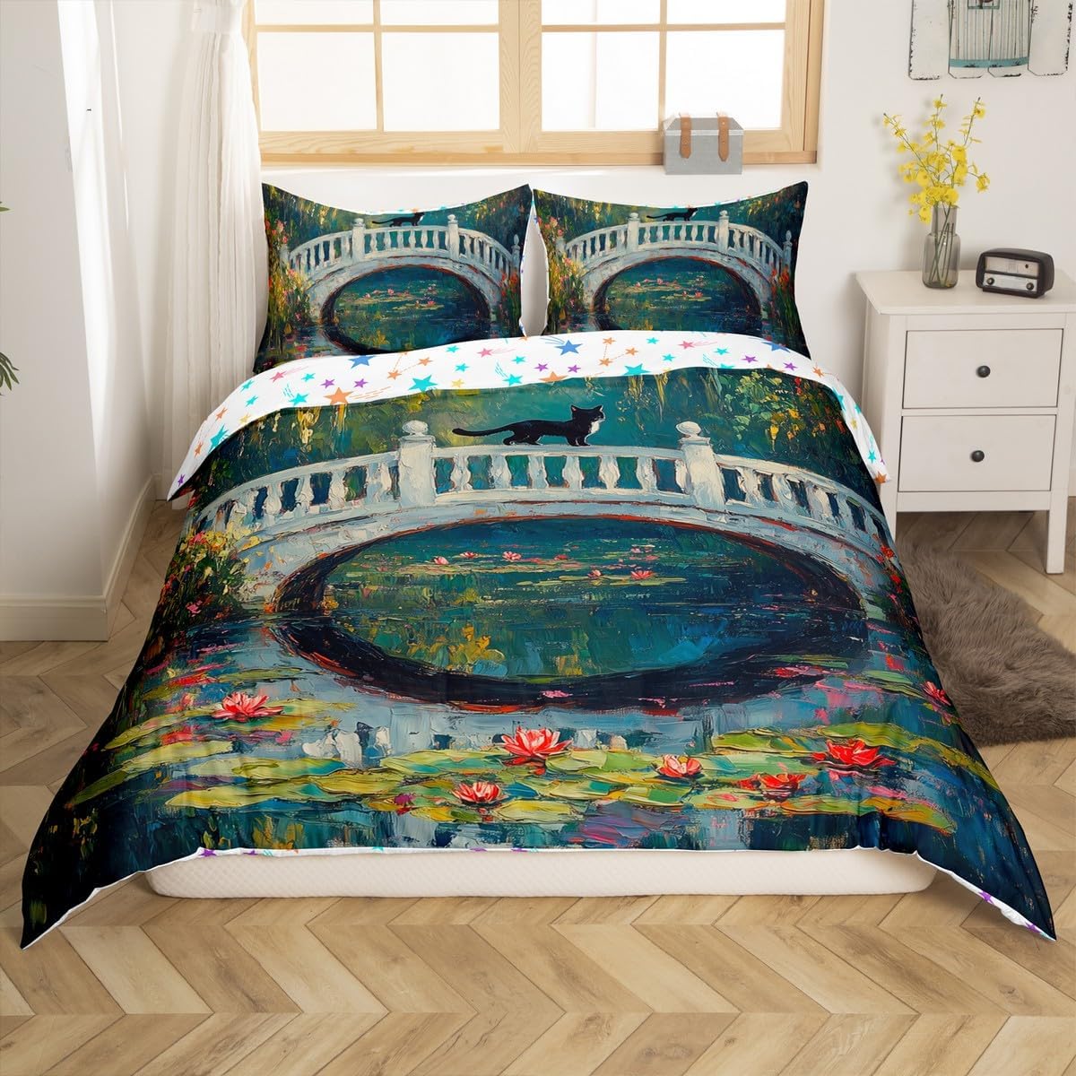 Feelyou Oil Painting Styles Floral Black Cat Duvet Cover,Vintage Black Cat Bedding Set Twin Size,Kids Boys Girls Bedroom Room Decor,Cute Animal Cat Comforter Cover,Floral Cat Bedspread Cover