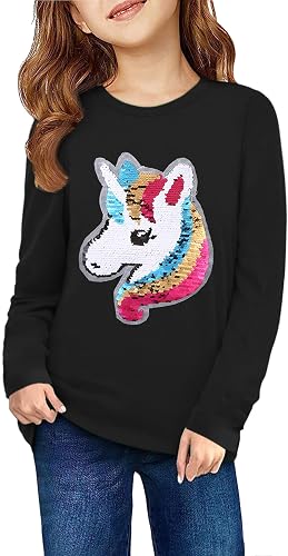 Arshiner Girls' Short-Sleeve T-Shirts Black Sequin Unicorn Birthday Shirts Blous