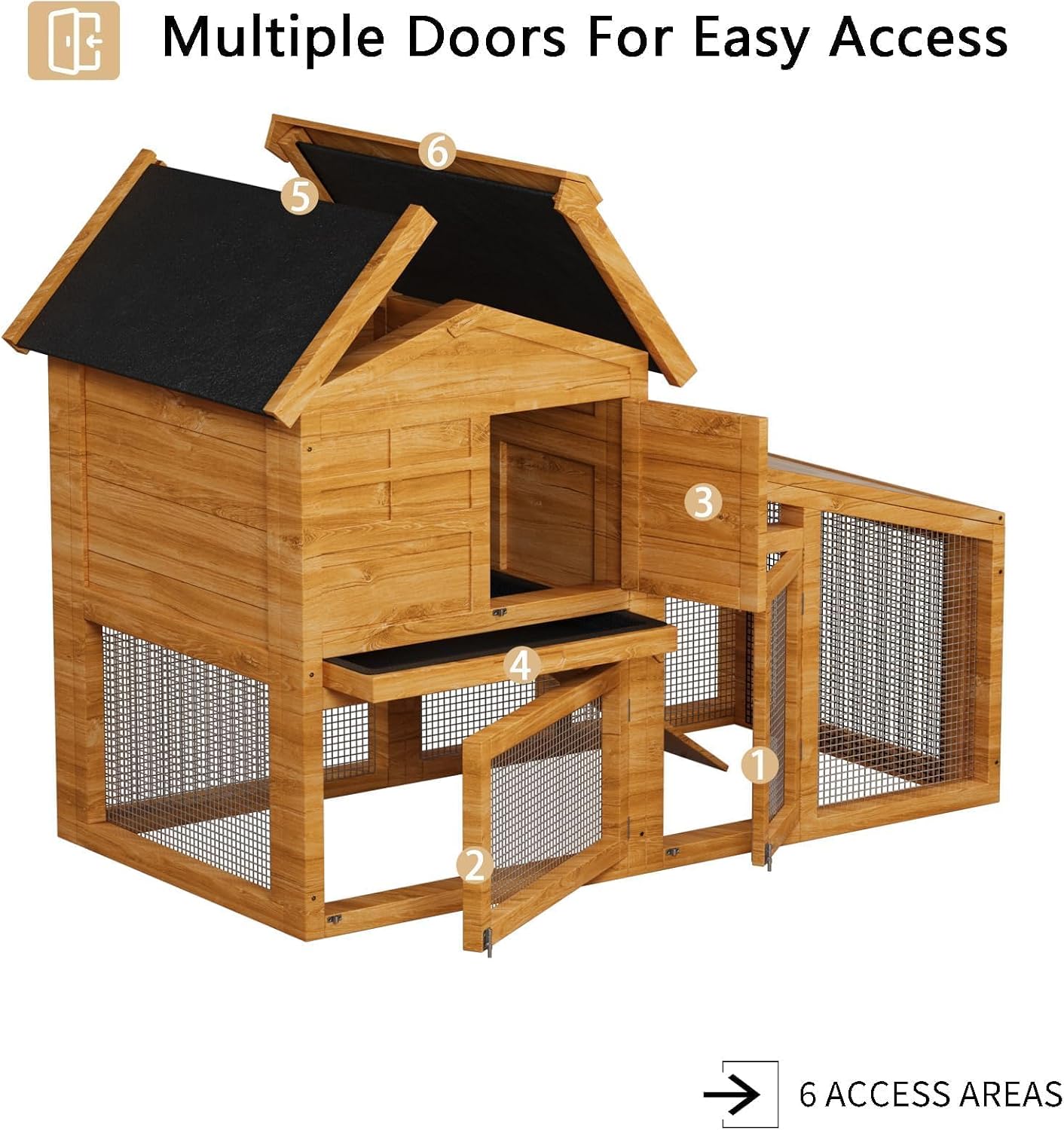 54" Rabbit Hutch, 2-Tier Wooden Bunny Cage with Non-Slip Ramp & Removable Tray, Indoor/Outdoor Bunny Cage with Weatherproof Asphalt Roof for Rabbits, Guinea Pigs, Chickens