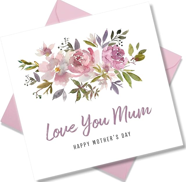 Punkcards - Mothers Day Card - Love You Mum - Mothers Day Card for Mum - from Daughter Son - Beautiful Design - Love You Greeting Card - Pink Watercolour Flowers