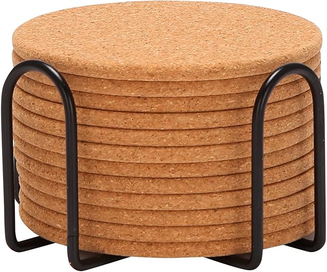 Jcevium Absorbent Cork Coasters, Heat-Resistant Cup Mat with Holder Reusable Round Drink Coaster Fits for for Home Bar Kitchen Restaurant Cafe Wedding Supplies (of 12)