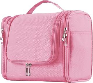 Extra Large Capacity Hanging Toiletry Bag for Men & Women, Portable Waterproof Bathroom Shower Bag, Lightweight Dopp kit Shaving Bag, Sturdy Metal Hook Organizer Makeup Bag (Baby Pink)