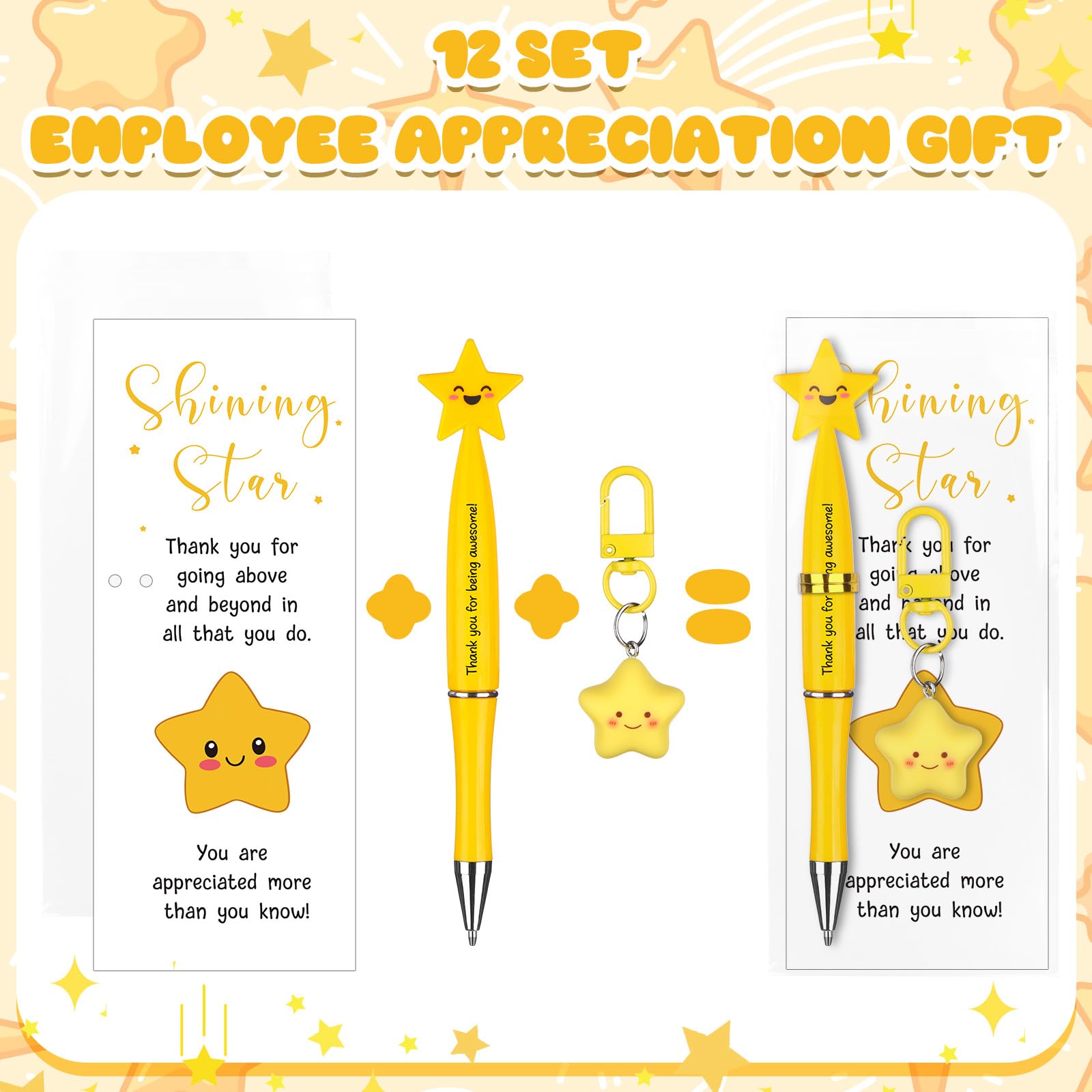 WWmily 36 Pcs Employee Appreciation Gifts Employee of the Month Recognition Favors 12 Sets Inspirational Star Ballpoint Pens Small Yellow Fat Star Keychains Thank You Cards for Coworker Teacher - Image 4