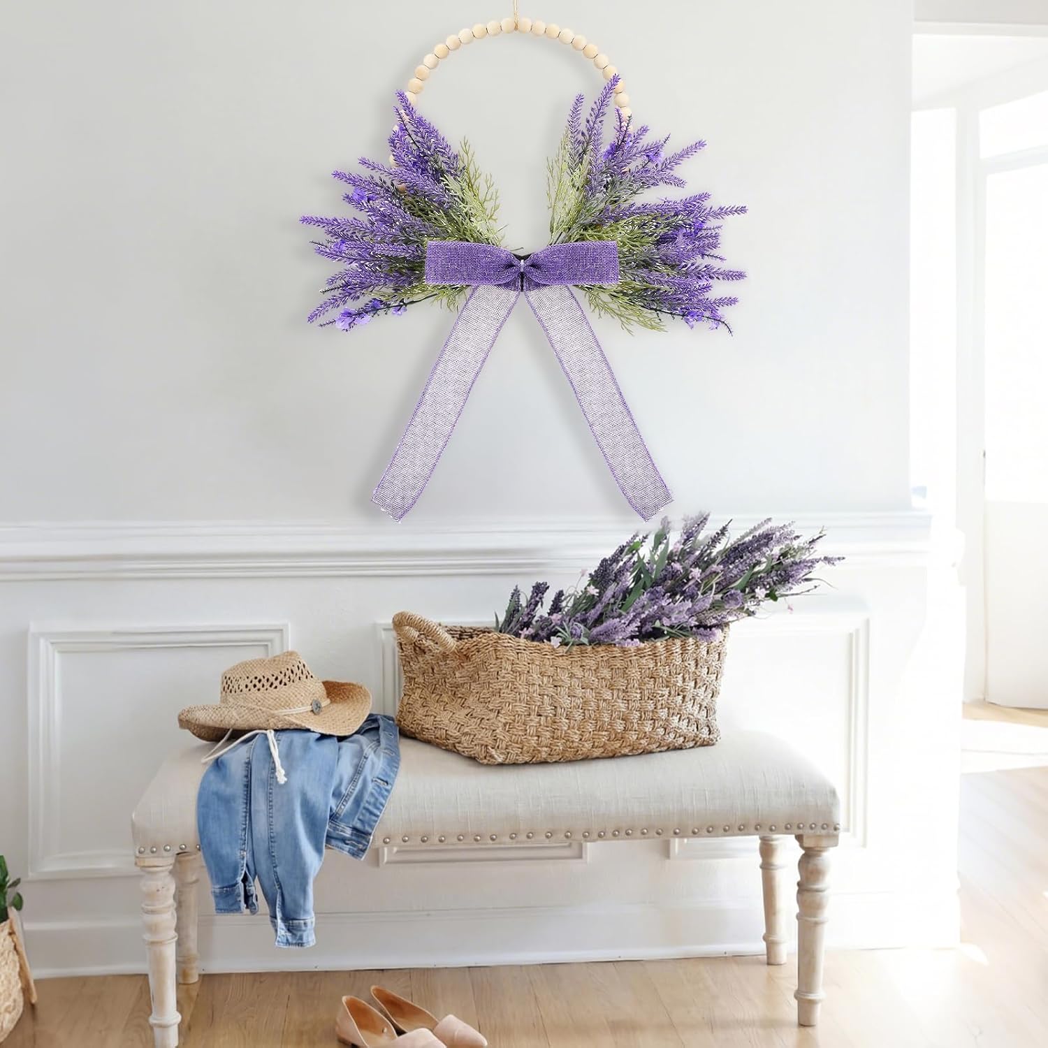 Suncalla Wood Bead Lavender Wreath with Bow Farmhouse Summer Artificial Floral Indoor Outdoor Spring Door Decor for Porch Wedding Farmhouse Decor Outdoor Wreaths Home Wall Window Decorations