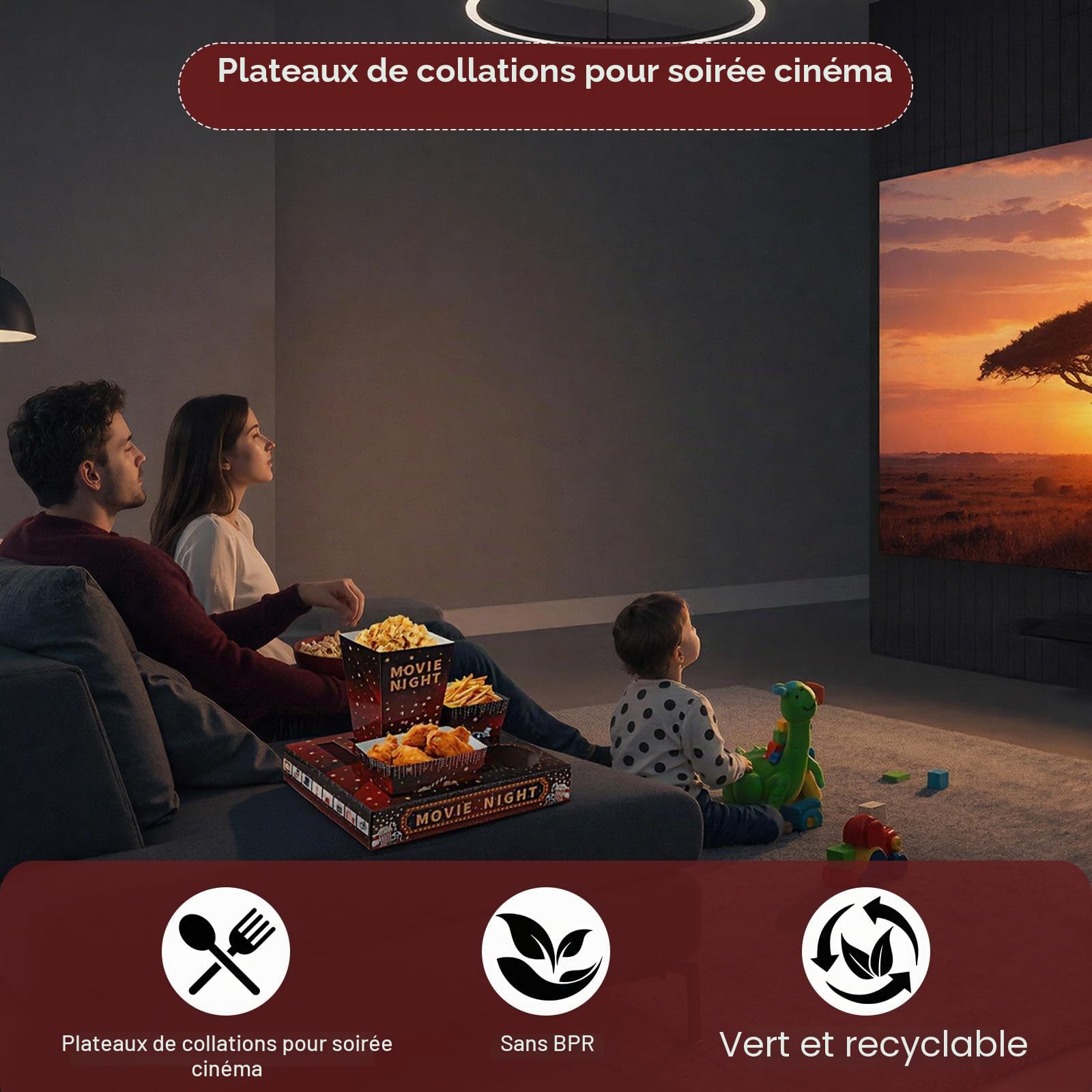 Plateaux à Goûter Movie Night, inclure 25 Plateaux à Goûter, 25 Boîtes à Pop-corn, 25 Saladiers, 25 Bols à Nachos pour Soirée Cinématographique, Fête sur, Fête D'anniversaire (A)