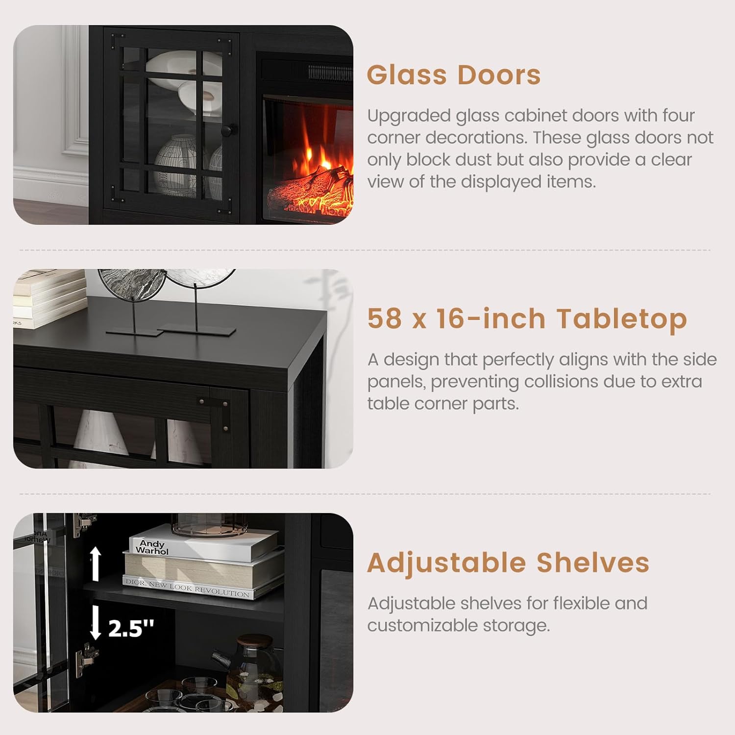 RELAX4LIFE 58" Electric Fireplace TV Stand for TVs up to 65’’, Media Entertainment Center w/19’’ Fireplace Insert Heater, 3D Flame, Remote Control, TV Console w/Adjustable Shelves, 1400W (Black)