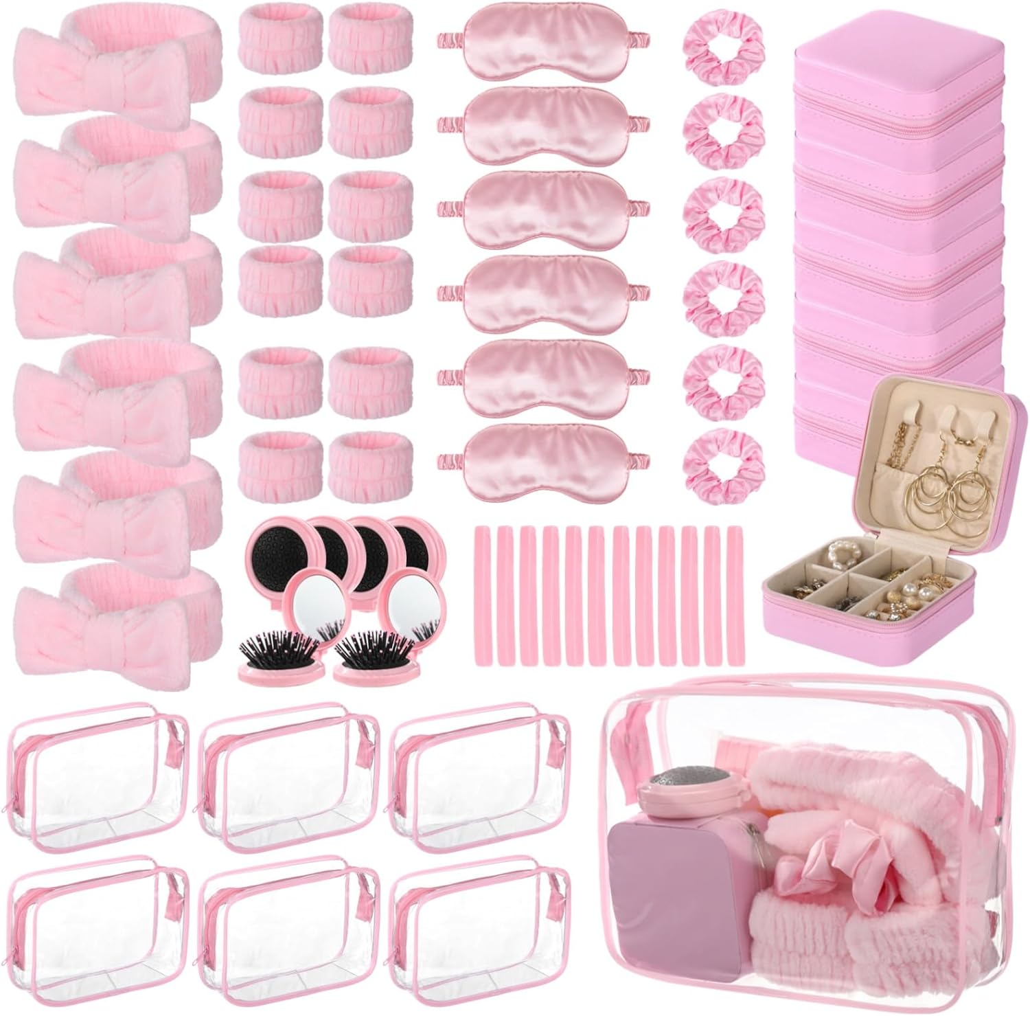 Lnrueg 6 Sets Pink Spa Party Supplies for Women, Spa Party Favors with Jewelry Case Headband Eye Mask Massage Comb Mirror Hair Tie, DIY Spa Kit for Sleepover Bridal Shower Slumber Party