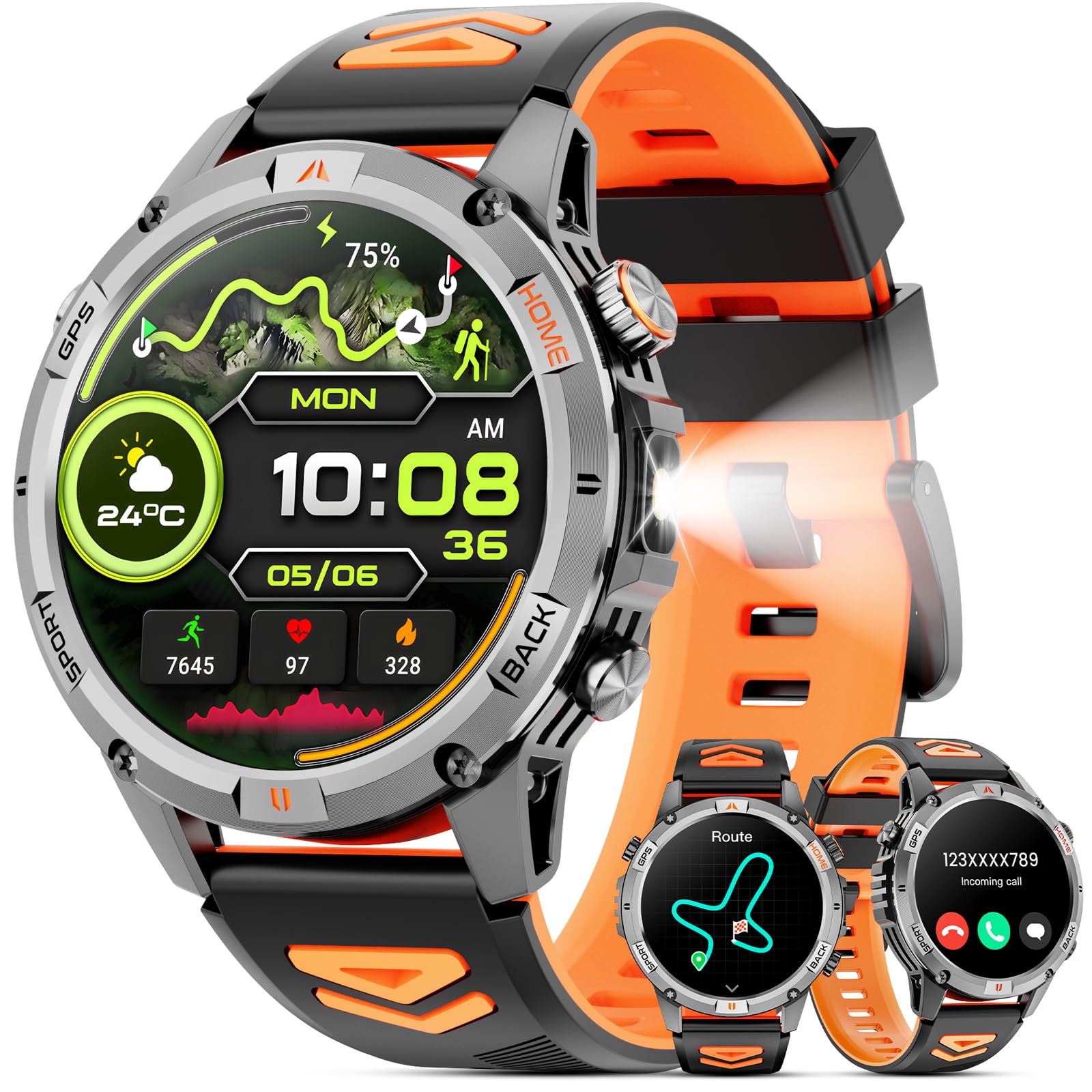 Joautrial Smartwatch Uomo Militare, 1,46" HD Orologio GPS con LED Torcia, Bussola,100+ Modalità Sportive Smart Watch, Monitoraggio della Salute,Impermeabile IP68, Chiamate Bluetooth per Android iOS