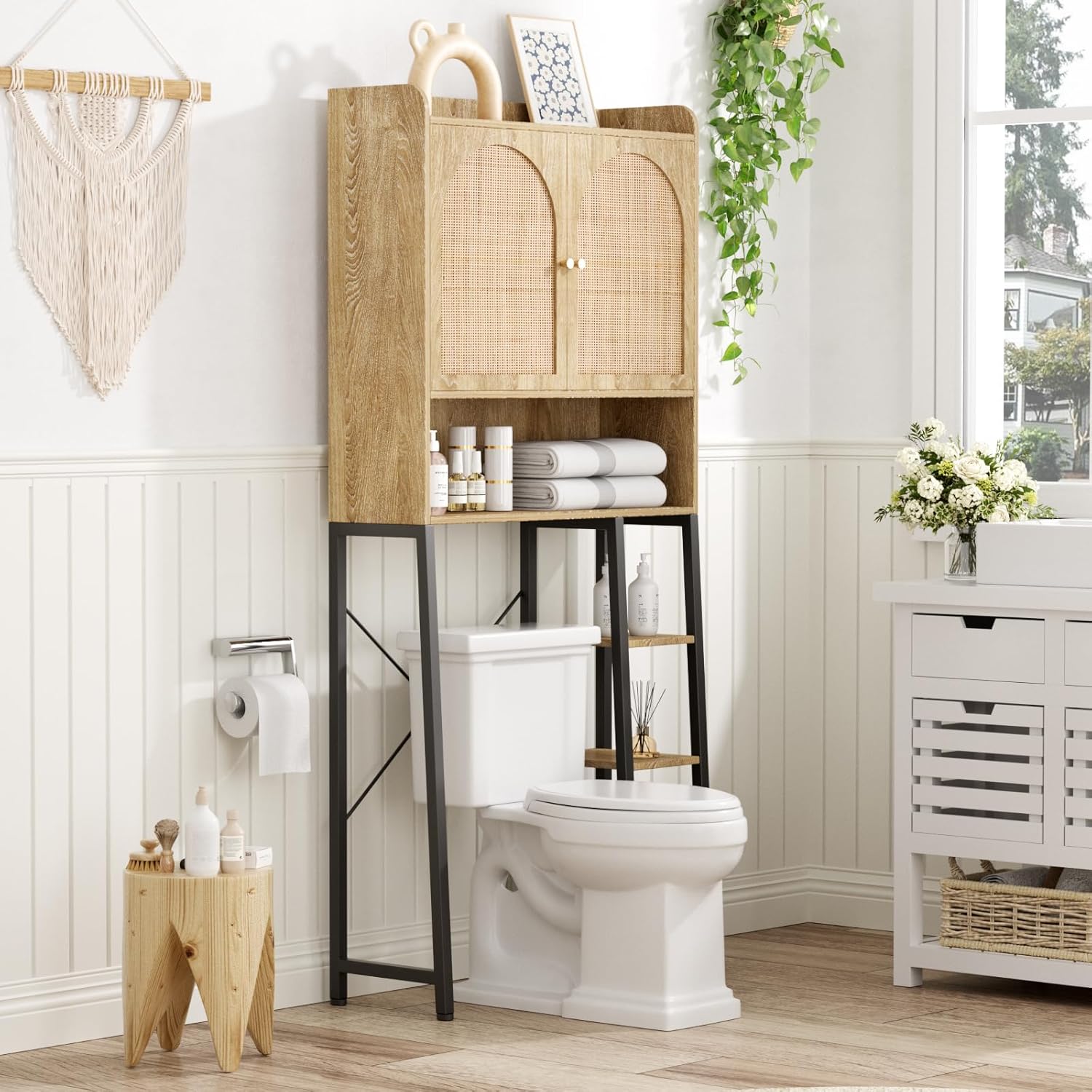 Rattan Over The Toilet Storage Cabinet with Adjustable Shelf and Large Space, Bathroom Organizers and Storage Over Toilet with Rattan Door, Metal Stand, Tall Storage Shelves Above Toilet, Natural Natural 30''W Over toilet cabinet