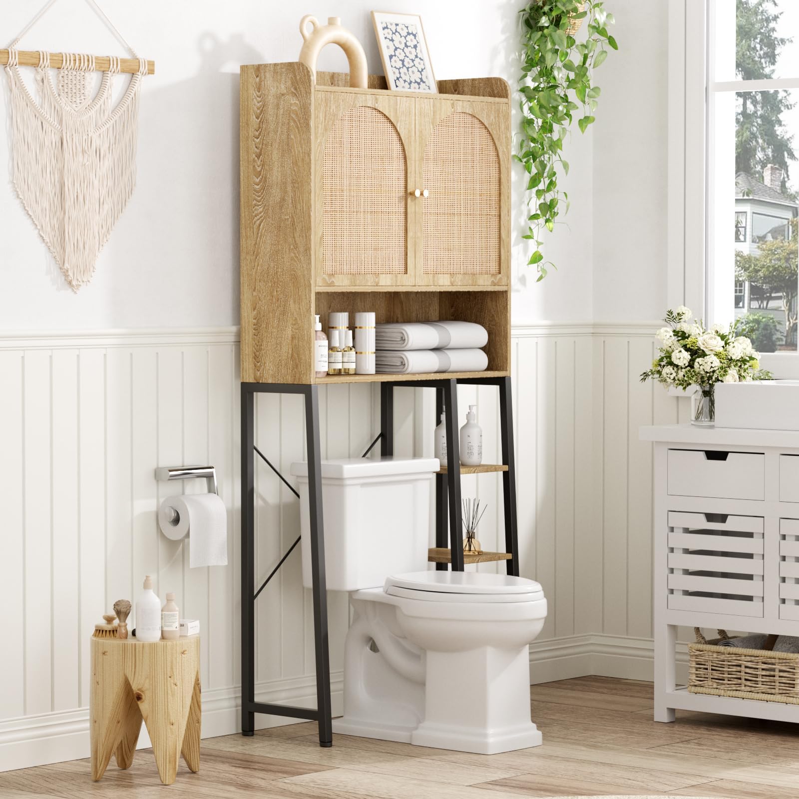 Rattan Over The Toilet Storage Cabinet with Adjustable Shelf and Large Space, Bathroom Organizers and Storage Over Toilet with Rattan Door, Metal Stand, Tall Storage Shelves Above Toilet, Natural