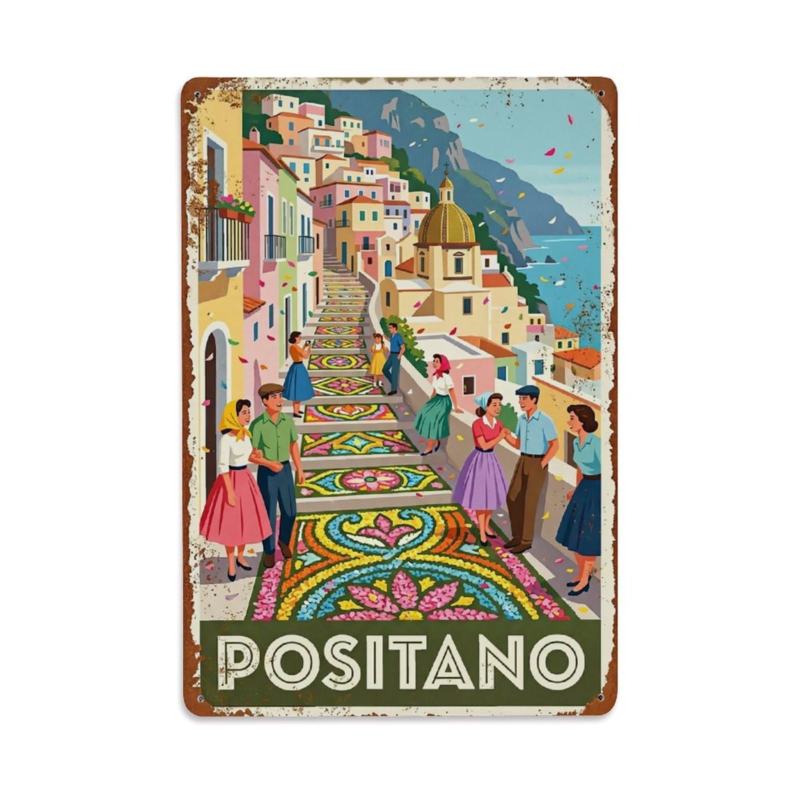 Huiyhb 8X12inch(20X30cm) Vintage Travel Positano Italy Petal Carpet Festival Metal Tin Sign