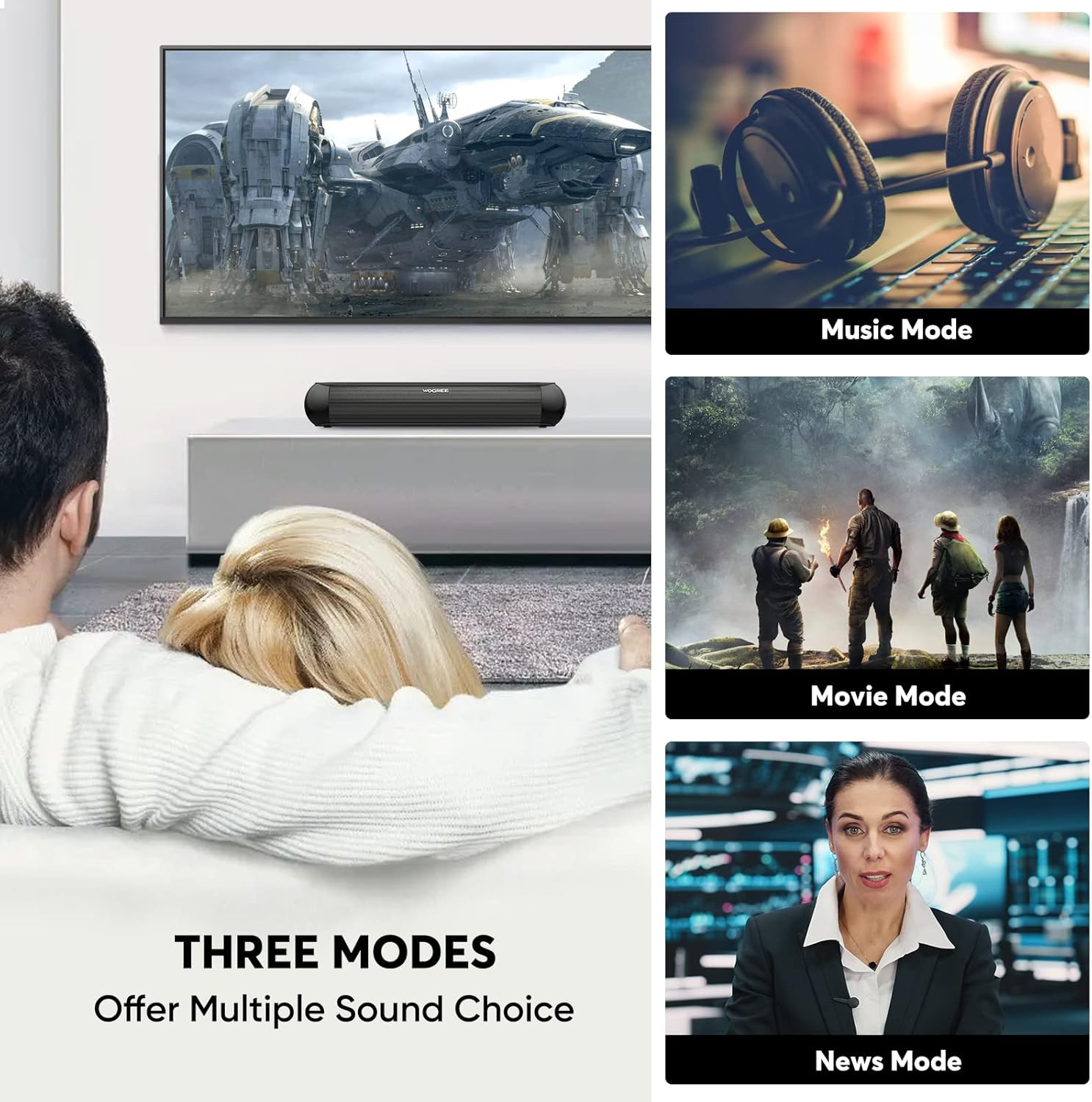 Collage showing three scenarios: headphones for Music Mode, movie scene for Movie Mode, and a news anchor for News Mode, demonstrating the soundbar's three distinct audio modes.