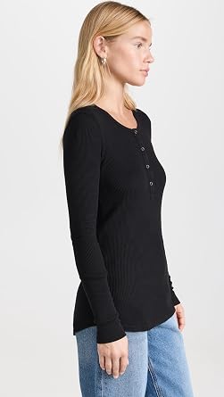 Splendid Women's Thermal Forever Henley Top, Black, L