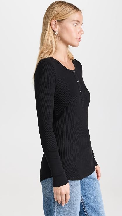 Splendid Women's Thermal Forever Henley Top, Black, L