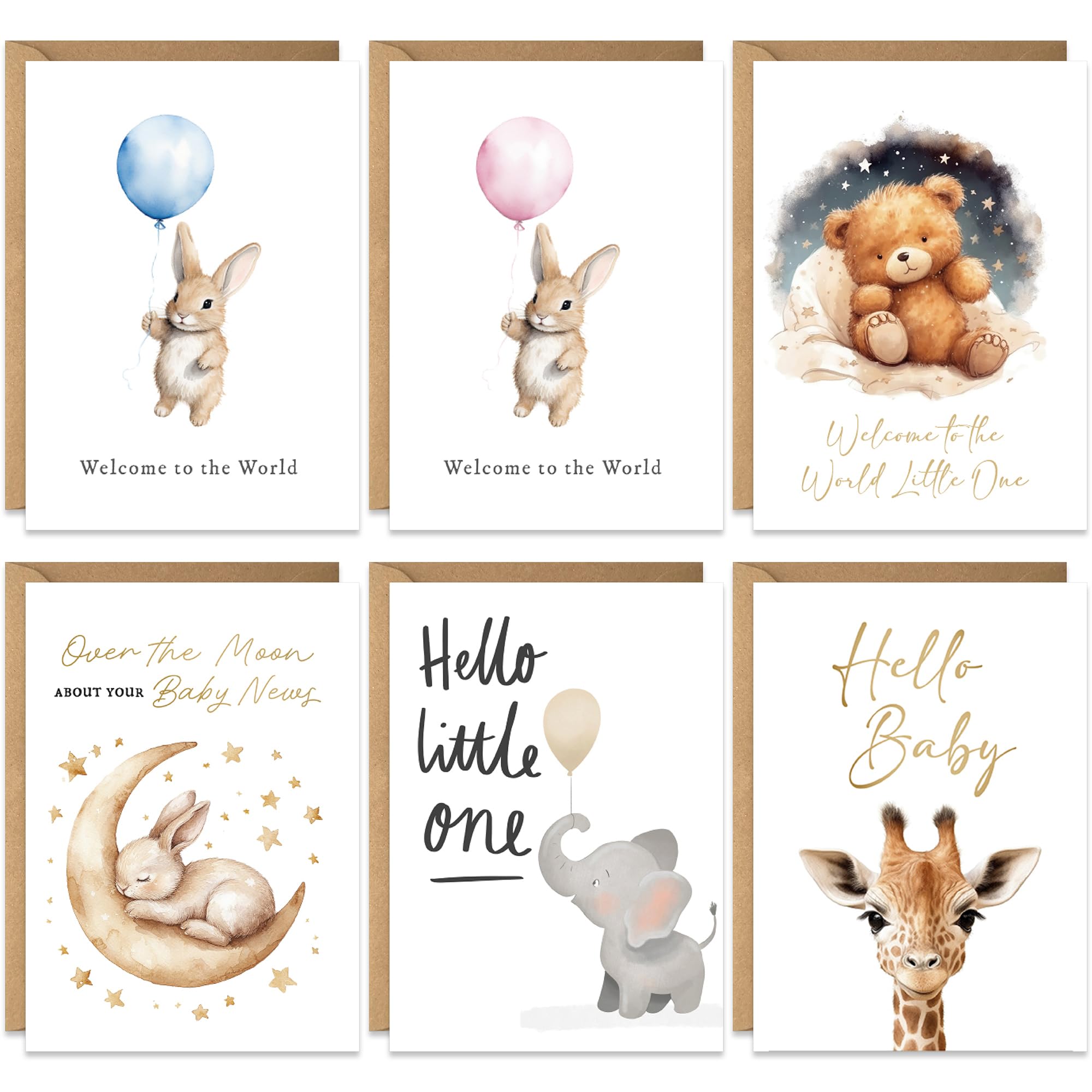 New Baby Multipack Set - Pack of 20 Baby Shower Greeting Cards - Colourful Cute Animal Designs for Boy Girl Gender Neutral - Luxury Multi-pack of Six Cards, Blank Inside with Premium Envelopes
