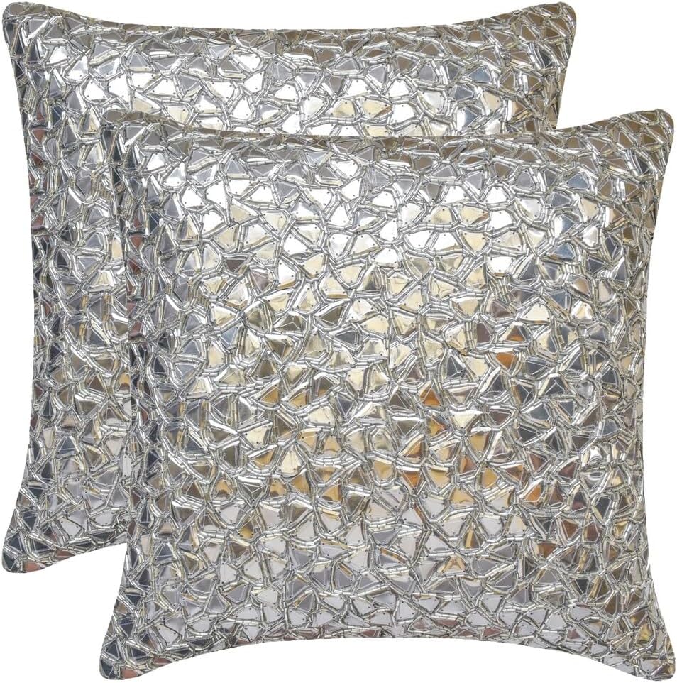 The HomeCentric Decorative Silver 16"x16" (40x40 cm) Pillow Covers, Silk Mosiac, Beaded, Handmade, Textured Sequins, Bling & DesignerPillows for Sofa, Abstract Modern - Shimmering Silver