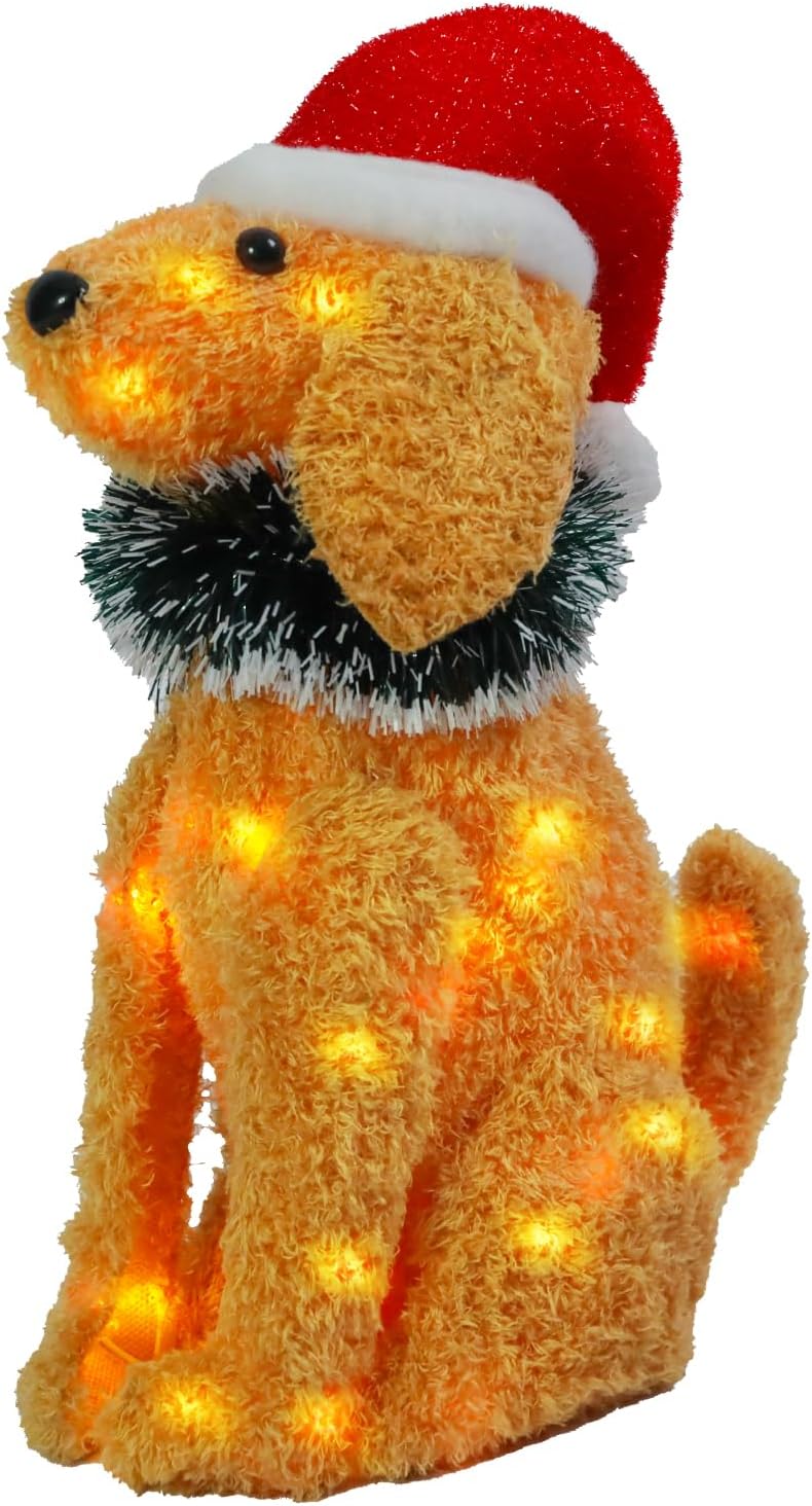 Christmas Lighted Dog Decoration Pre-lit 3D Glittered Fluffy Puppy Battery Operated Lighted Up Sitting Ornament Outdoor Indoor Christmas Decoration for Home Lawn Yard Garden Display