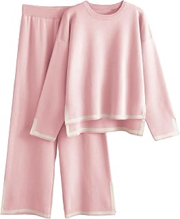Women's 2 Piece Outfits Long Sleeve Knit Sweater Top Wide Leg Pants Lounge Sets Tracksuits