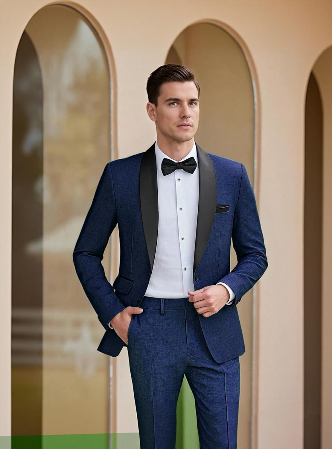 Mens 2 Piece Suit Slim Fit Shawl Lapel One Button Formal Wedding Prom Tuxedo for Men Blazer Pants Set with Bow Tie