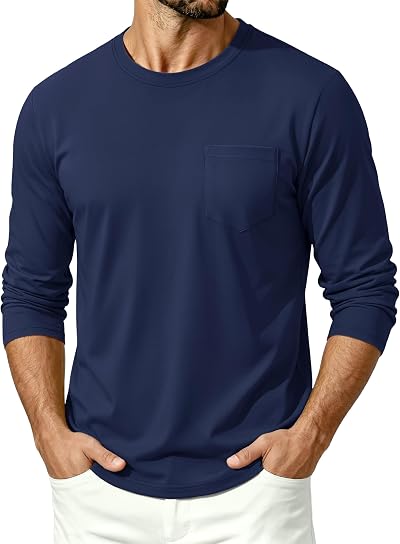 TACVASEN Mens Long Sleeve Tee Shirts Cotton Lightweight Casual Pocket Crew Neck Work T Shirts