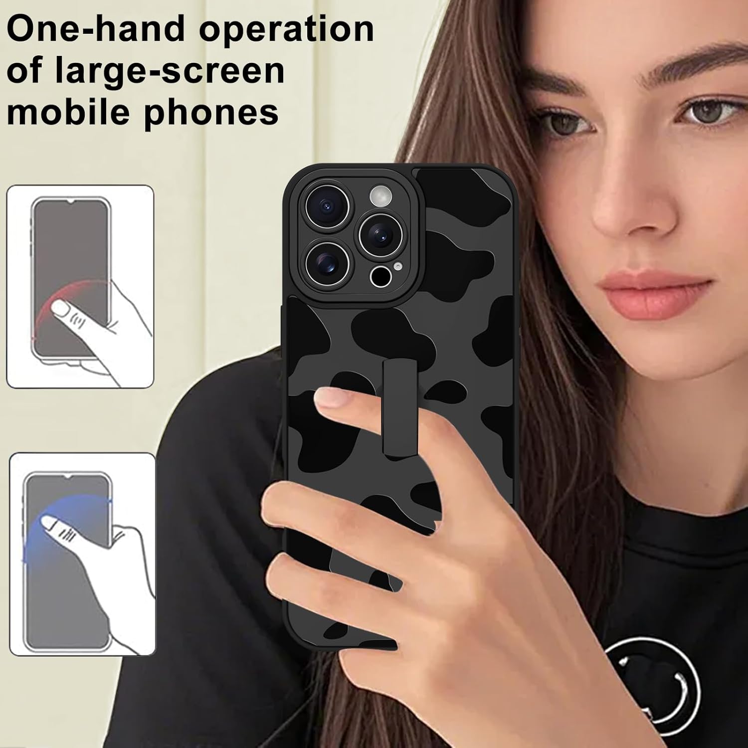 for iPhone 16 Pro Max Case with Finger Strap Holder, Cute Cool Cow Print Pattern Design for Women Men, Shockproof Anti Scratch Hand Kickstand Protective Cover, Gray