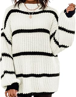 Nileco Casual Loose Sweatshirt Stretch Tops,Long Sleeve Crewneck Blouse Fall Ladies Stitch Pullover,Women's Stripes Sweater