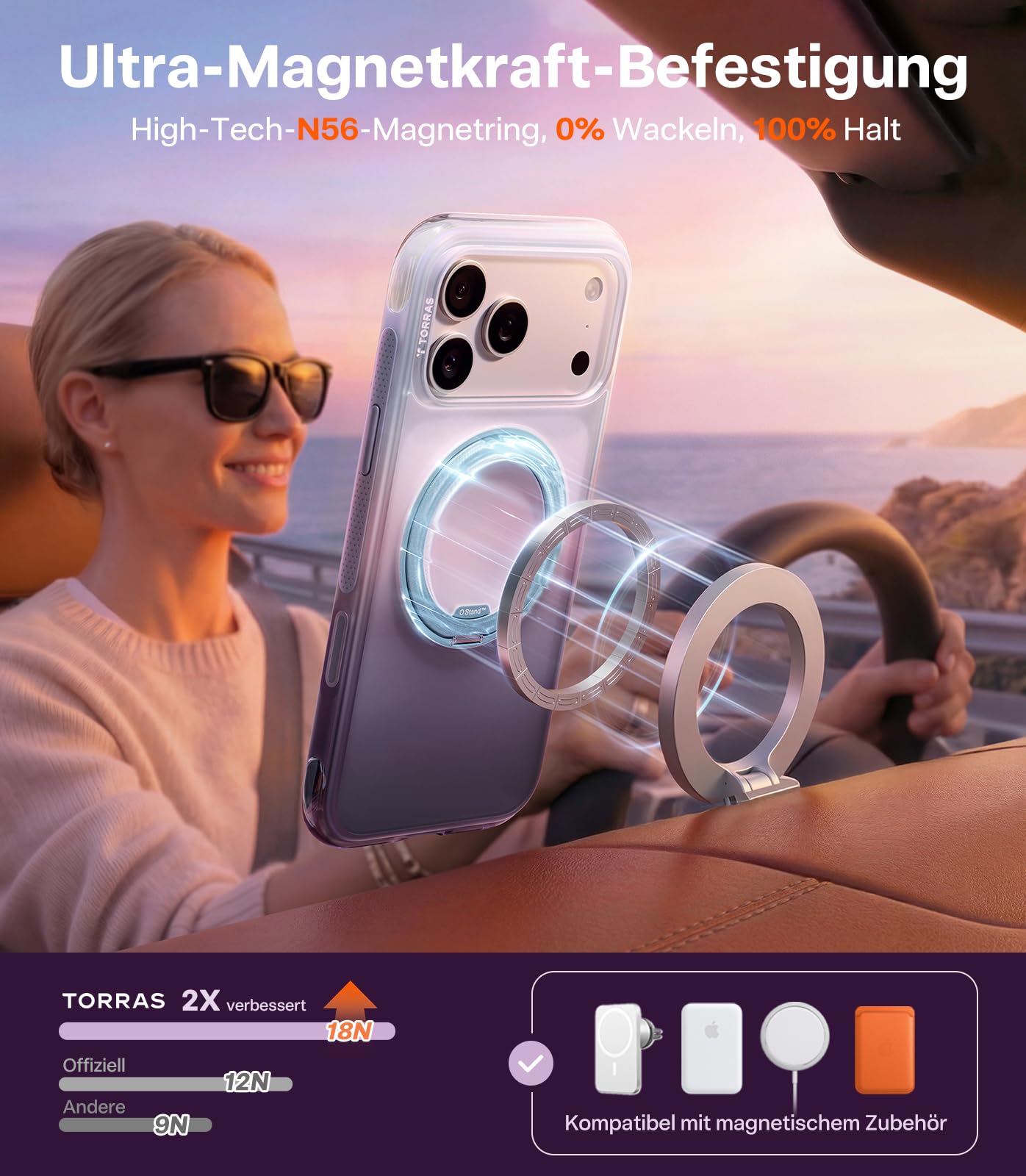 TORRAS Ostand O3 Air für iPhone 17 Pro Hülle Airbag Silber-Lila Verlauf | 360° Drehbarer Ständer, mit MagSafe Handyhülle für Frauen, Stoßfeste Militärschutz Tasche mit DIY-Tasten & Ringhalter