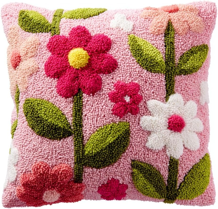 DIY Latch Hook Pillow Kit Little Cute Flowers Petals and Leaves Easy for Beginners Color-Stamped Pillowcase 43x43cm Sofa Cushion Bedroom Decor Craft