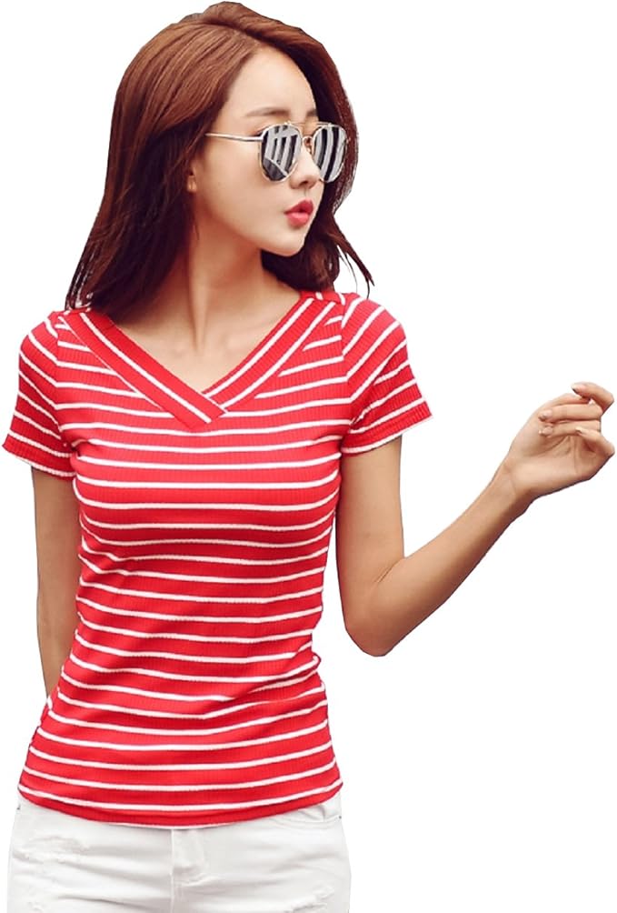 Amazon ミルベ Milbet V ネック ボーダー カットソー レディース 半袖 Tシャツ トップス リブ ストレッチ ゴルフ 白 黒 紺 T 大人 ハーフ スリーブ タイト 服 物 ティー 可愛い 代 お揃い おおきい 着 コーデ